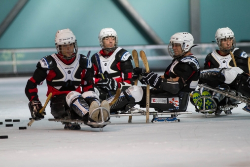 Les blessés découvrent le hockey luge, à la patinoire de la ville de Bourges. Après quelques exercices pratiques de prise en main, les stagiaires, ainsi que des membres de l'équipe encadrante, enchainent les matchs.