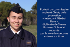 Portrait du commissaire aspirant Chloé, élève commissaire de carrière à l’école des commissaires des armées